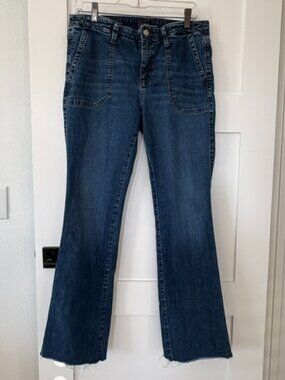 NYDJ Barbara Bootcut Jeans Size 10 Medium Wash Patch Pockets Raw Hem
